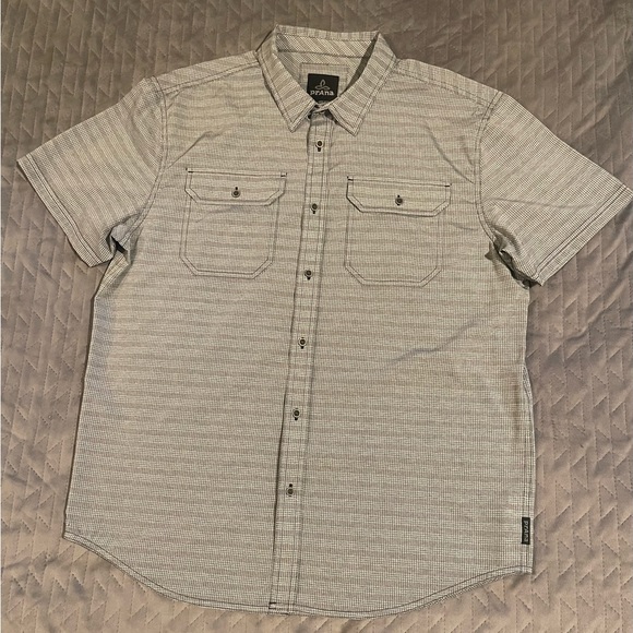 Prana‎ s/s button up shirt mens size large black/white EUC - Picture 1 of 10
